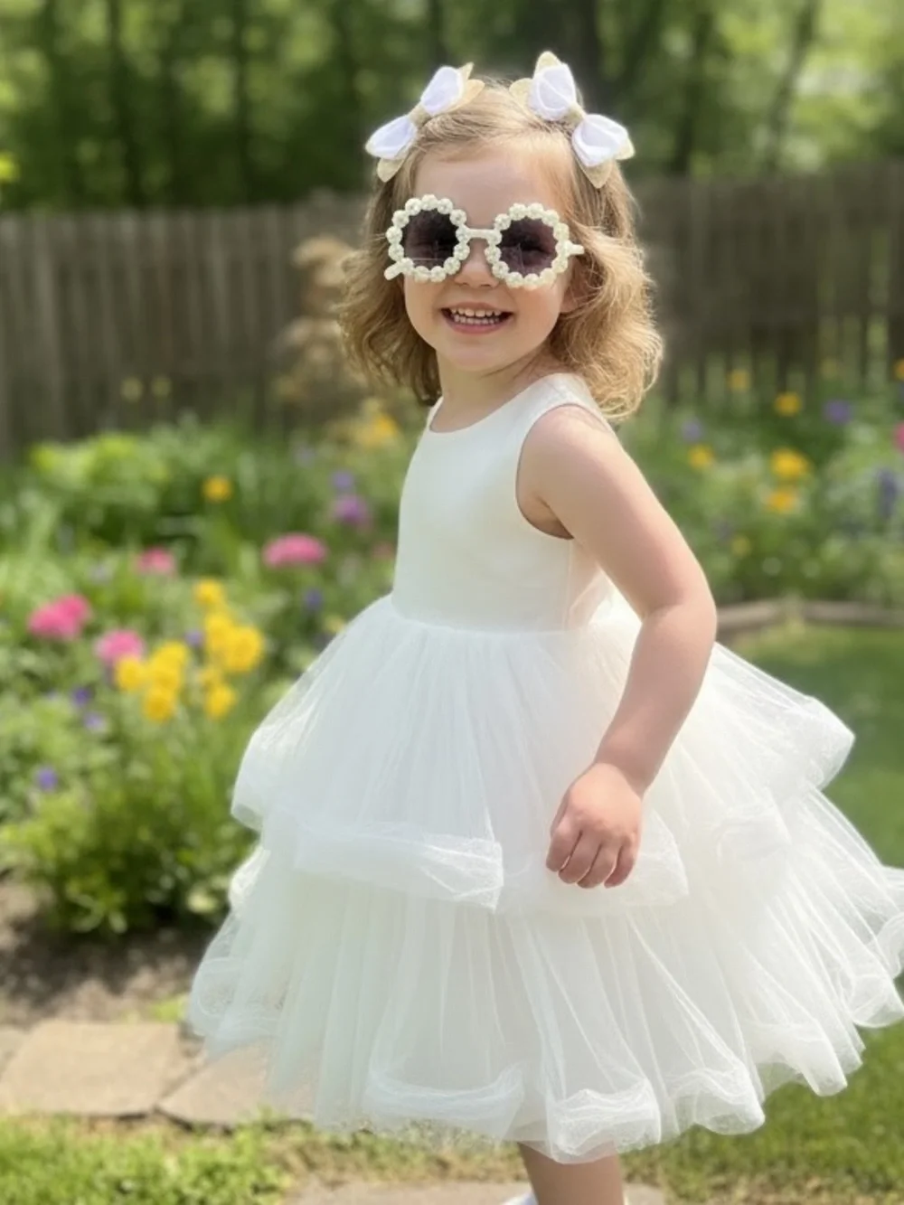 Kids Daisy Frame Sunglasses - White Floral With glitter white Hair Bows Set